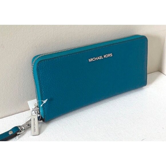 S Michael Kors Continental Wallet Wristlet Lagoon Blue Leather 35T7STVE7L